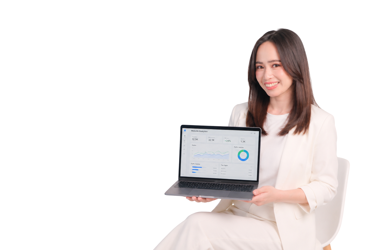 dana joy in a white blazer holding a laptop with website analytics on a clean, minimalist background. edited