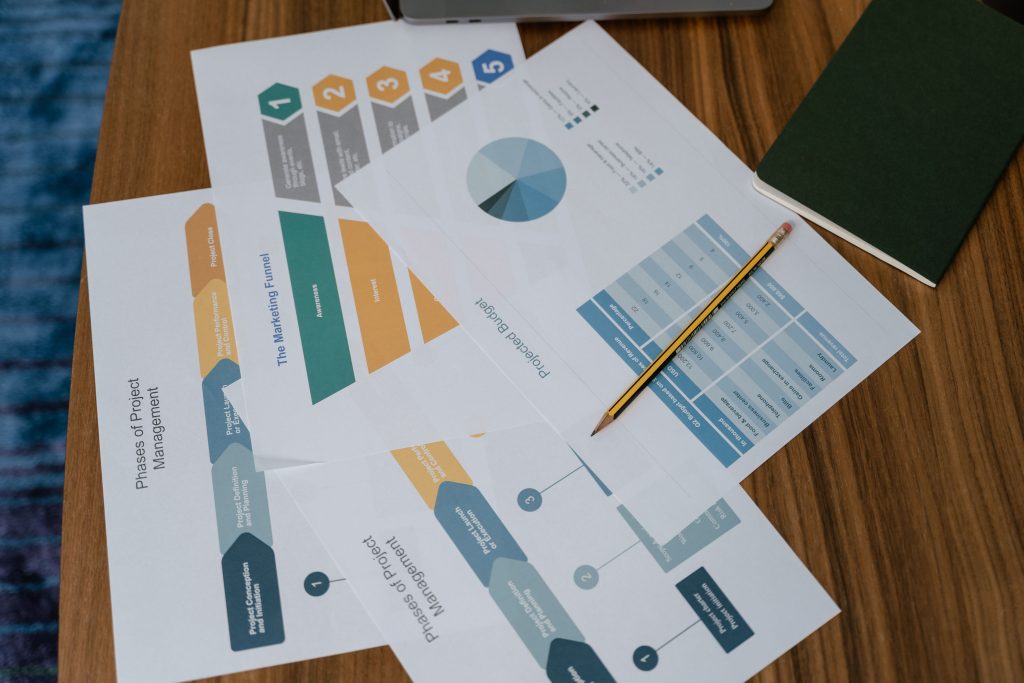 Printed project management and marketing funnel documents on a wooden desk next to a notebook, pencil, and pie chart budget report.